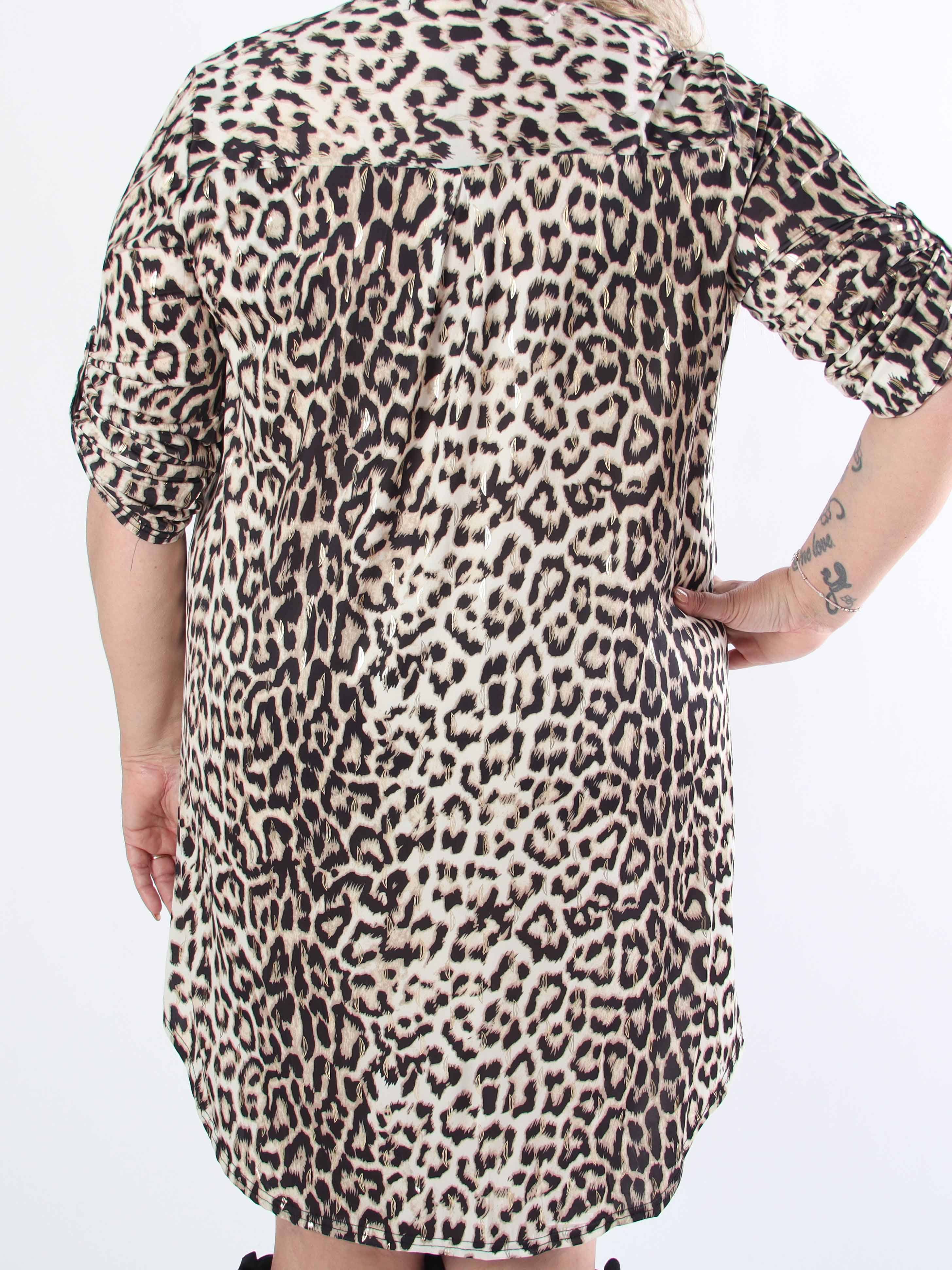 Penelope - Elastisk plus size-klänning i leopardmönster med gulddetaljer